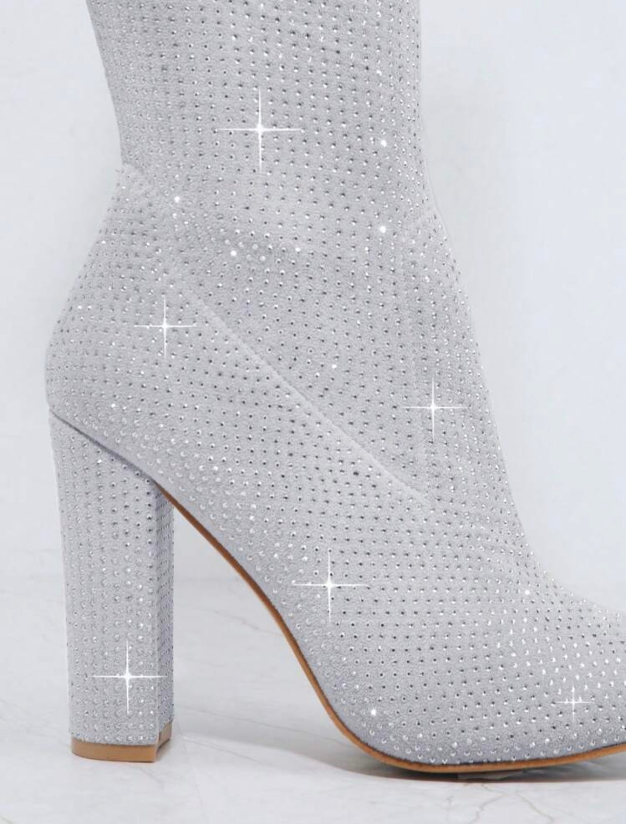 Sparkling Rhinestone Silver Long Suede Boots